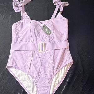 AIMAGE Women's Purple Solid One Piece Swimsuit Bow Straps Belt Buckle, L
